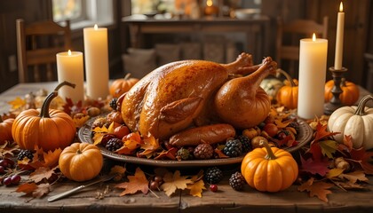 Harvest table with roasted turkey, pumpkins, candles, and autumn leaves, rustic and warm,