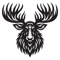 Black and White Moose Head Silhouette - Wildlife Antler Animal Vector Art