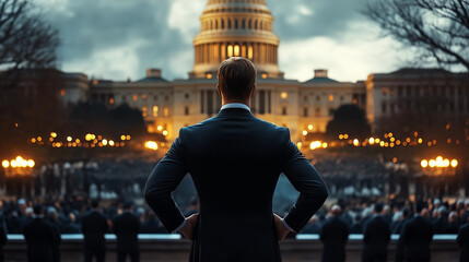 A cinematic movie still of an attractive man in his late thirties wearing business attire, standing at the front with hands on hips facing away from us, looking out over a large crowd outside the Capi