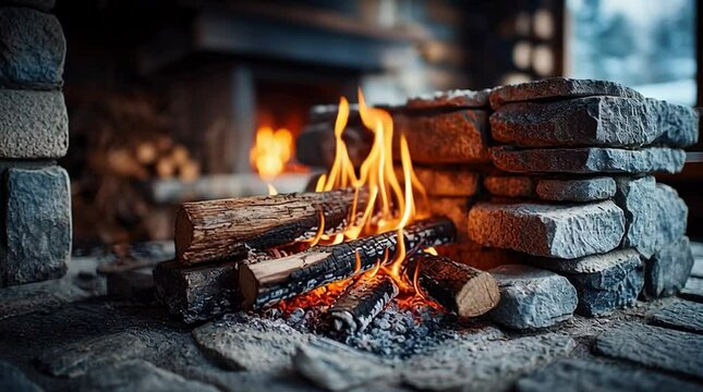 Realistic front-facing view of a stone fireplace with glowing fire inside, natural flames, warm ambient light, detailed stone texture, cozy rustic interior, centered composition, high-resolution photo