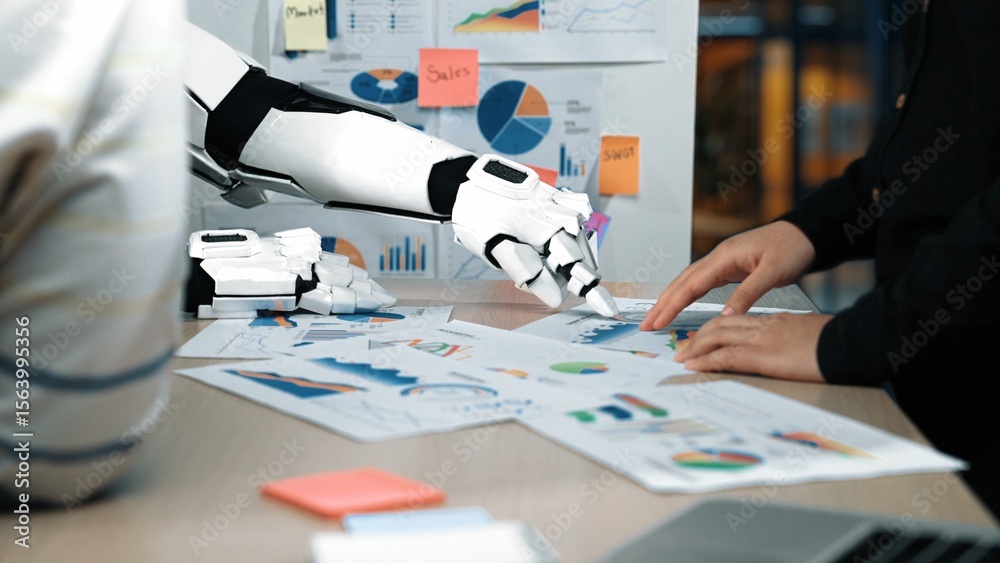 Poster a robotic arm collaborates with a human in an office setting, analyzing business metrics and data pr