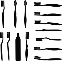 Oral Hygiene Tools Silhouettes Vector Set, Dental Care Products and Bathroom Essentials Collection, Toothbrushes & Soap Dispenser for Health Concepts.