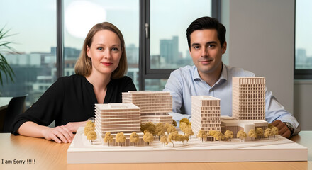 Professional architects reviewing a detailed wooden architectural model of an urban development project.