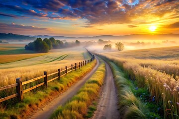 Fototapeta premium Serene Sunrise over Misty Country Road, Golden Fields, Wooden Fence, Peaceful Pastoral Landscape
