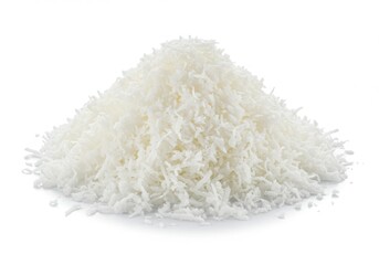 A pile of fluffy white shredded coconut on a clean white background