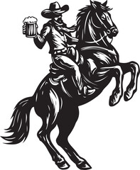 Cowboy on a Bucking Horse Holding a Mug of Beer Silhouette Vector Illustration on Transparent Background