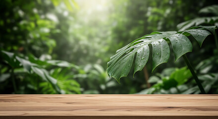 Obraz premium Tropical Paradise Sunlit Wooden Table with Lush Palm Leaves Background 