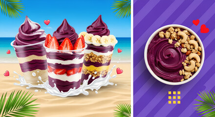 Colorful açaí bowls with strawberries, banana, granola and cashews on beach and purple background.
