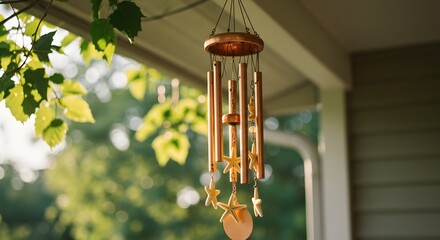 A copper wind chime with starfish charms in a breeze