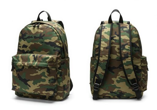 Stylish camouflage backpack displayed from front and back on white background