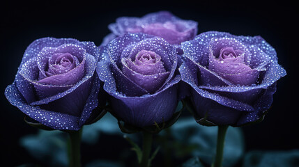 Three vibrant purple roses with water droplets
