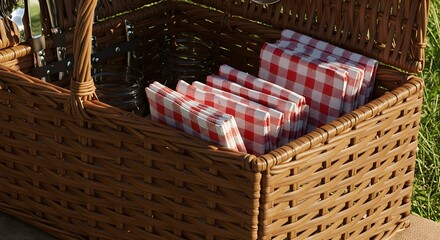 A wicker picnic basket with checkered napkins and cutlery