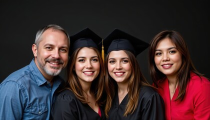 Happy Graduation Celebration Portrait of Two Graduates with Family in Front of Black Background