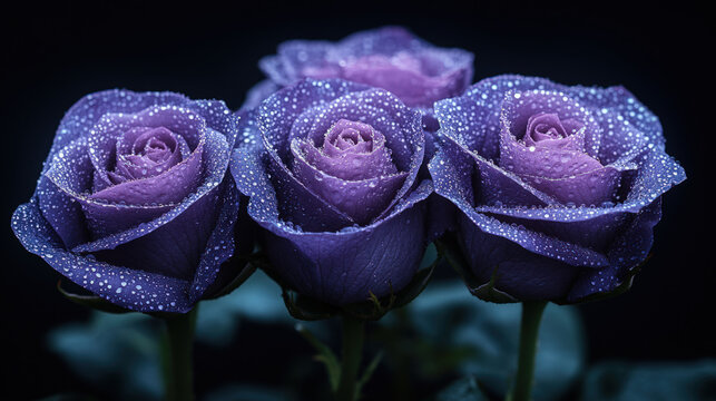 Three vibrant purple roses with water droplets