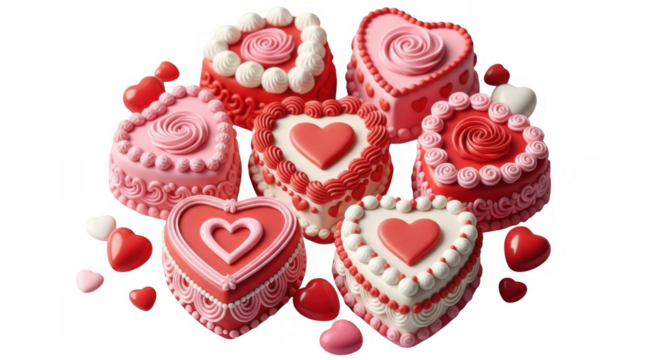 An Array of Heart-shaped Cakes in Pink and Red Ideal for Celebrating Love, Affection, and Romantic Occasions, isolated on a transparent background
