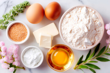 Overhead symmetrical view of baking ingredients for recipe blog or cooking content