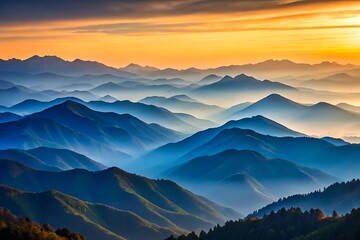 Fototapeta premium Serene Sunset Over Misty Blue Mountains: Panoramic Landscape Photography