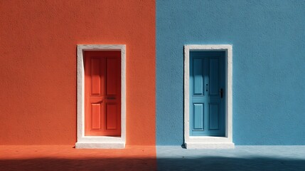 Two colorful doors side by side on textured walls with contrasting color schemes and sunlight