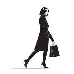 A stylish woman in a long coat walks with a shopping bag, isolated on white background