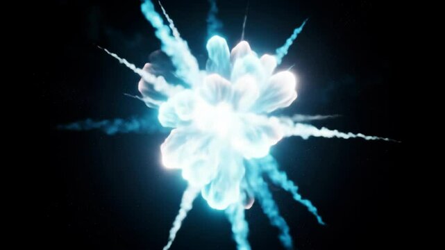 Bright blue explosion effect with smoke trails on black background. Abstract burst, energy, power, and light.