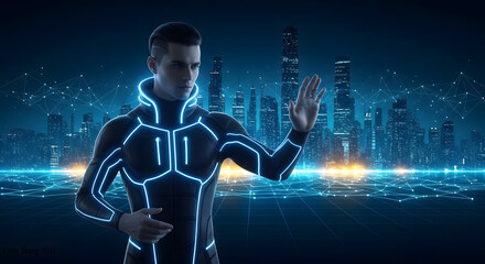 Futuristic Man in Glowing Blue Suit Interacting with Digital Interface over Cyberpunk Cityscape