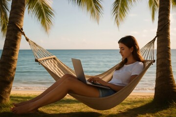 Naklejka premium Young woman working on a laptop while lounging in a hammock on a tropical beach, enjoying the perfect blend of relaxation and productivity