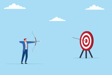 Vector illustration of a businessman shooting an arrow at a target, symbolizing focus, determination, and precision in aiming for professional goals and success
