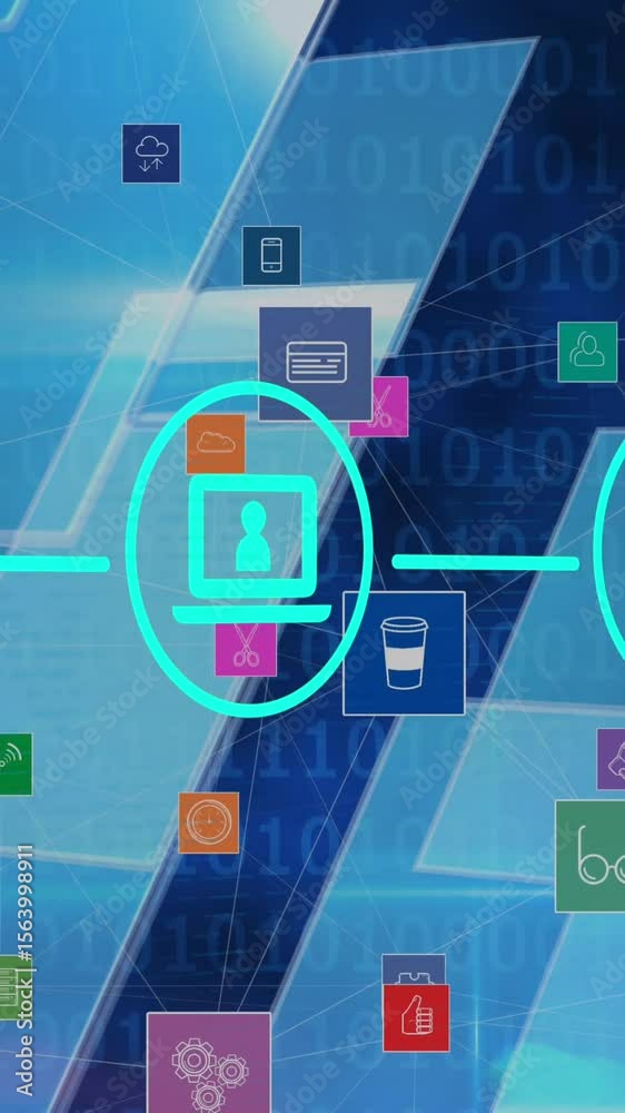 Poster animation of digital icons over blue screens and binary coding