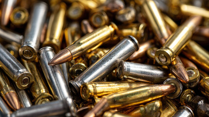 Closeup of Shiny Metallic Bullets and Cartridges in Pile Representing Ammunition, War, and Tactical Combat