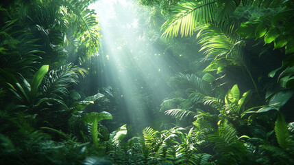 Lush tropical forest interior with sunlight