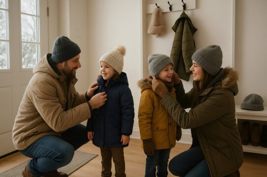 Loving parents helping their two young children putting on winter coats, hats and gloves before going out to play in the snow - Powered by Adobe