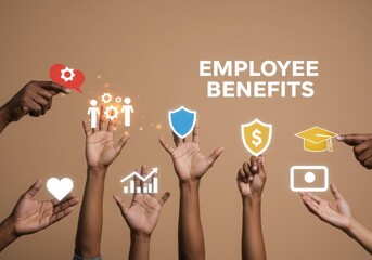Hands showcase diverse employee benefits with icons and text