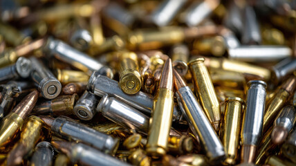 Closeup of Shiny Metallic Bullets and Cartridges in Pile Representing Ammunition, War, and Tactical Combat