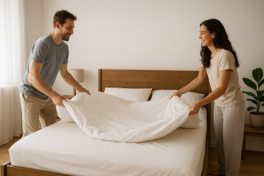Young smiling couple making their bed together in a modern bedroom, starting their day with a positive attitude