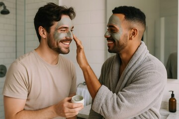 Two men are smiling and applying a green clay face mask in their bathroom, enjoying a skincare ritual together