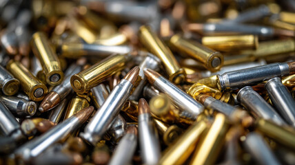 Closeup of Shiny Metallic Bullets and Cartridges in Pile Representing Ammunition, War, and Tactical Combat