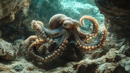 Octopus camouflaged in rocky underwater cave with detailed tentacles high resolution picture