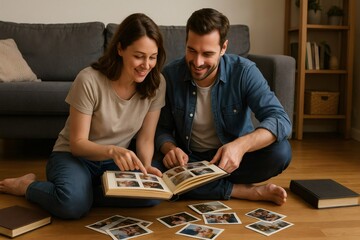Fototapeta premium Happy couple sitting on the floor at home and looking through old photo albums, remembering good times and smiling