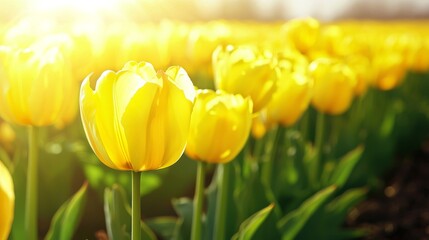 Obraz premium Sunny Yellow Tulip Field A Blooming Spring Landscape, tulips , flowers