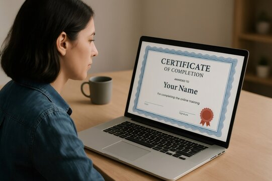 Proud student admiring her online certificate of completion displayed on a laptop screen, celebrating educational achievement and online learning success