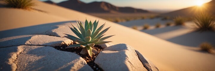Small plant growing through rocks in desert at sunset showing hope and rebirth. Summertime dusk