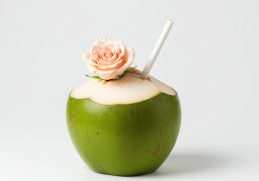 Fresh green coconut with a delicate peach rose and white straw