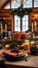 Warm holiday dinner with roasted turkey, candles, and festive decorations in a cozy cabin setting