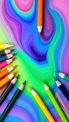 Vibrant abstract art with colorful pencils on a swirling rainbow background, showcasing creativity and artistic expression