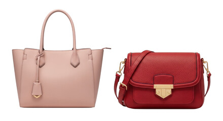 Two Stylish Handbags in Pink and Red isolated on a transparent background