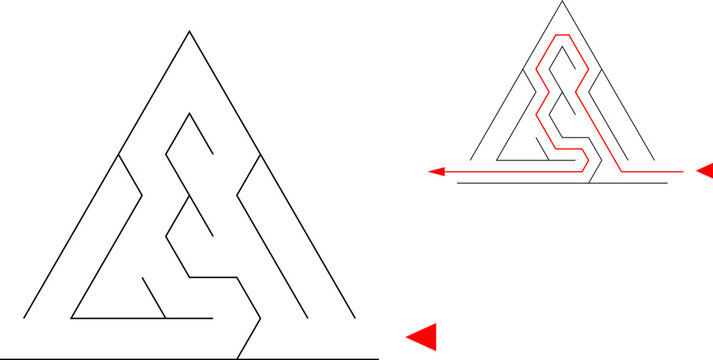 Simple triangular labyrinth with solution. Easy Egyptian pyramid. Black and white vector illustration. Nice brainstorm puzzle for little kids