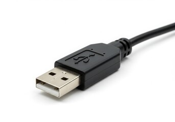 Close up of a black usb type a connector and cable on a white background