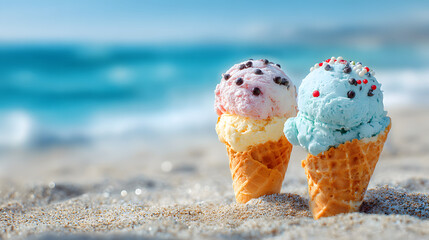 Creative ice cream flavors day, happy national ice cream day, sunny day ice cream on a sandy beach