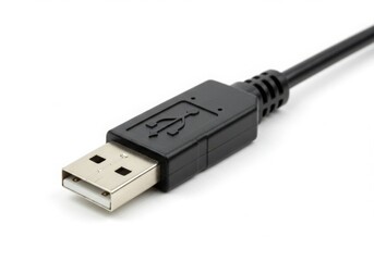 Close up of a black usb type a connector with silver metal contacts