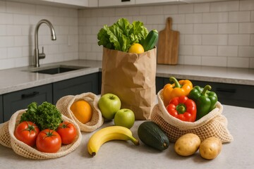 Variety of colorful fruits and vegetables arranged on kitchen countertop, promoting healthy eating and sustainable lifestyle